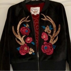 ONCE Black Velvet Bomber Jacket with Floral Accents
